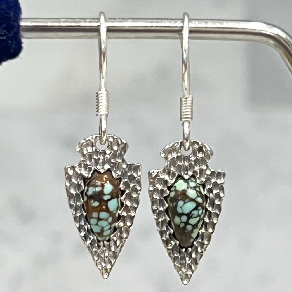 Blue Moon Turquoise Black Oxidized Sterling Silver Arrowhead Dangling Earrings